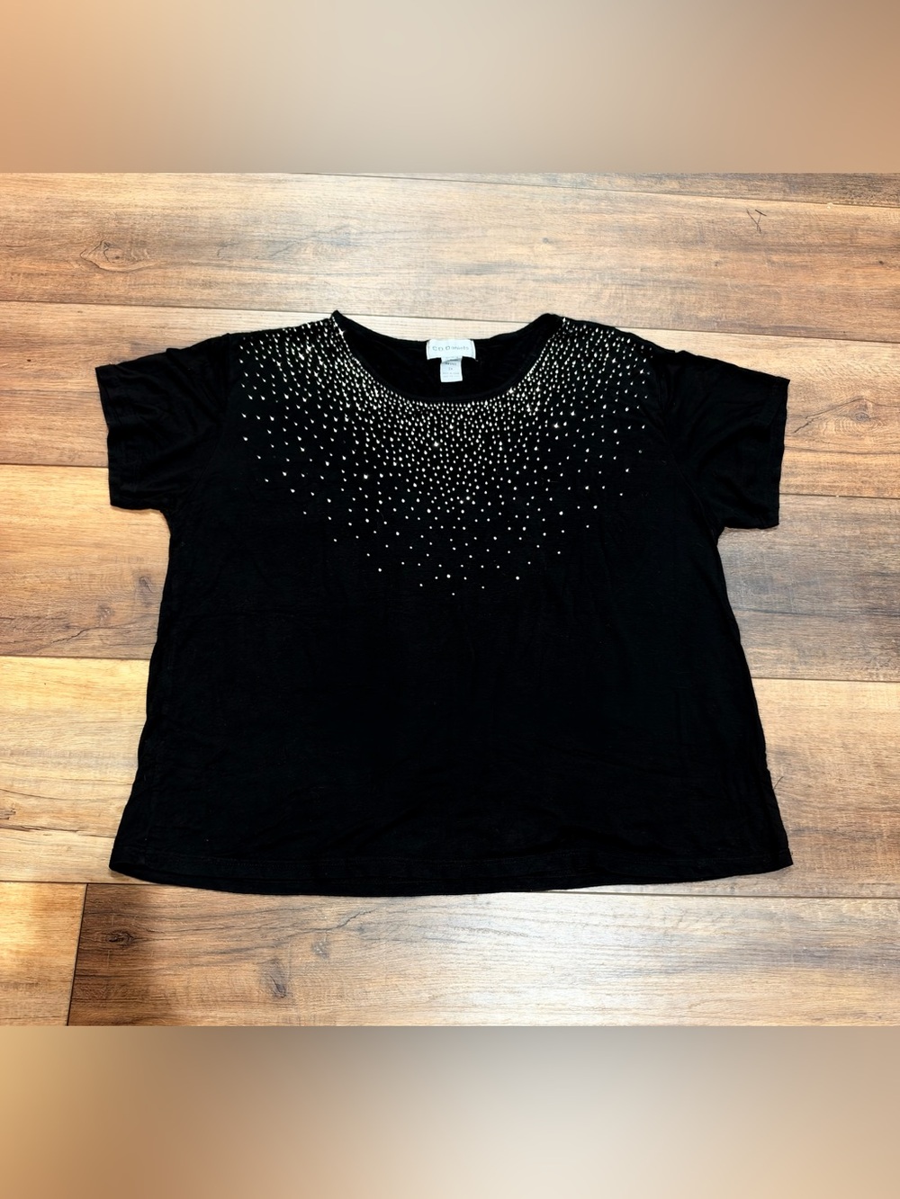 Women’s Cathy Daniel’s Size 2X Black Short-Sleeve Rhinestone Crewneck Tee